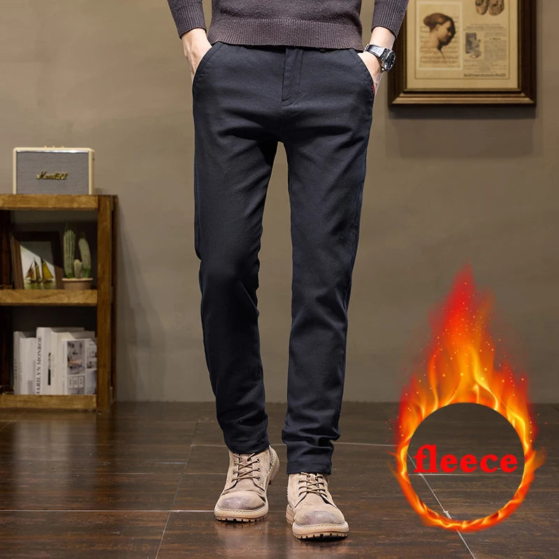 Warm Fleece Pants Winter Man Cowboy Man Thermal Fleece Lined Korean Fashion Slim Thicken Plush Wool Boot Cut Jeans Men
