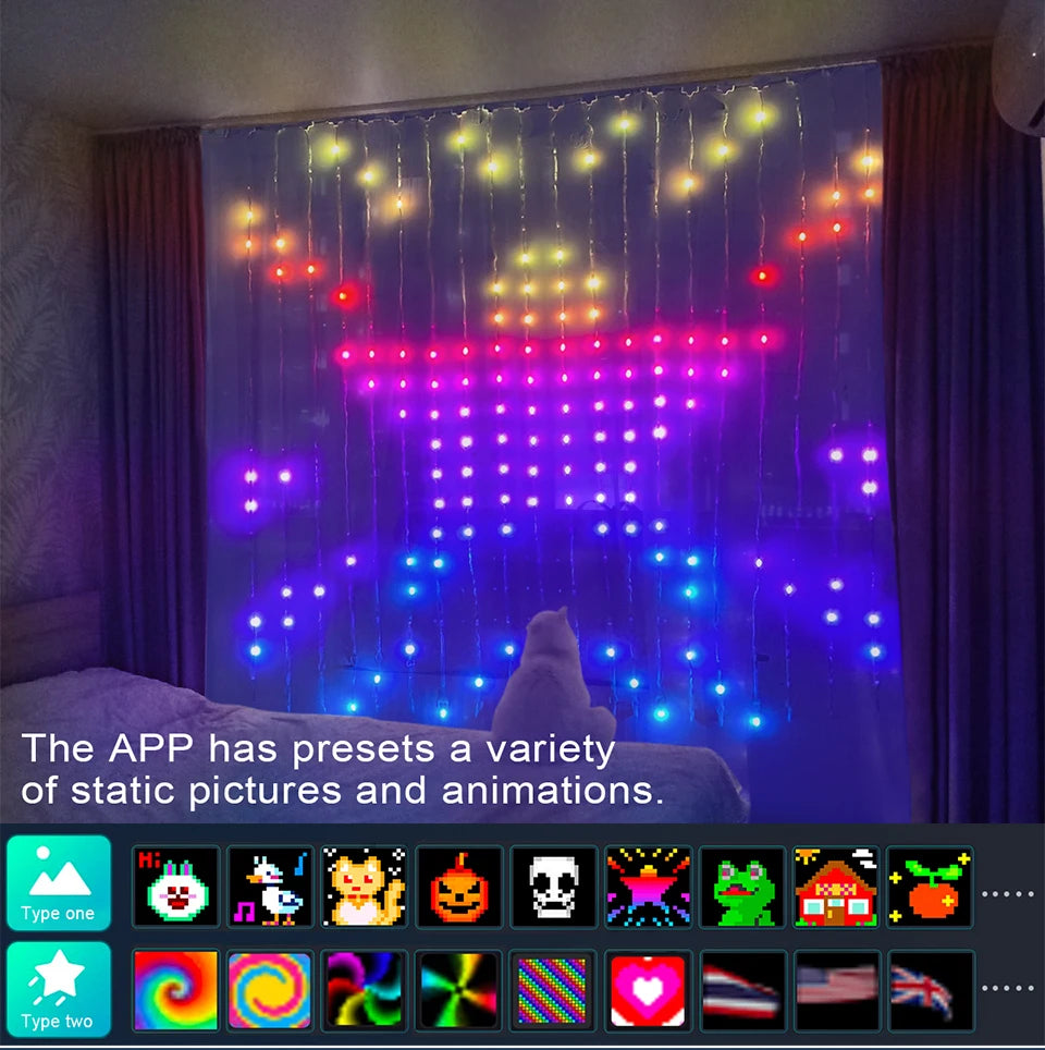 Smart Curtain USB RGB Christmas Fairy Lights 400LEDs Music Mode Programmable Bluetooth App Control LED String DIY Text Pattern