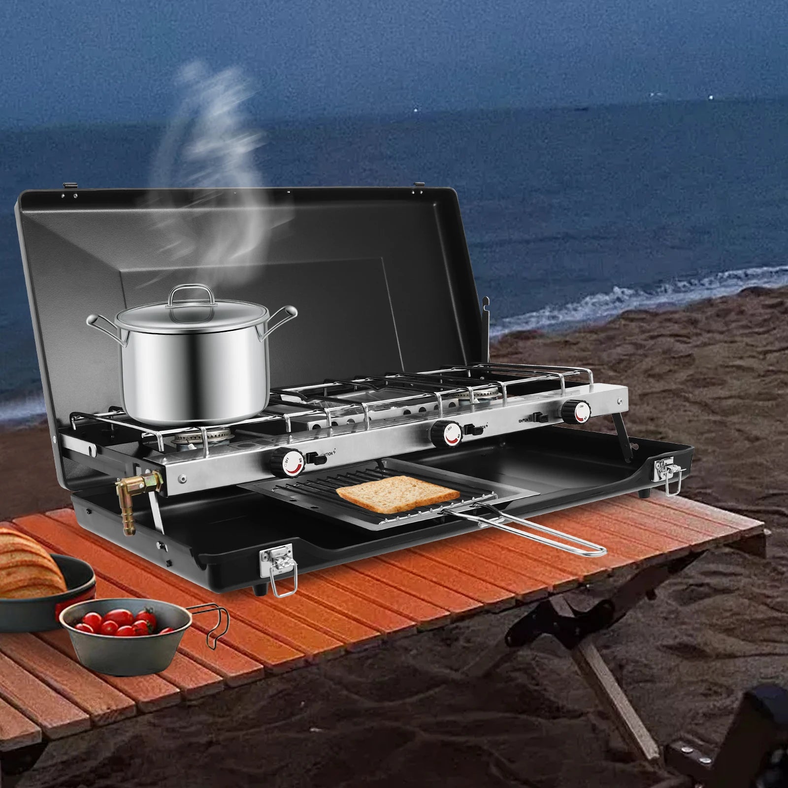Camping Stove 3 Burner Propane Portable Stove with Regulator Toast Tray Windshield for Car Camping BBQ Picnics Outdoor Cooking - You Offer