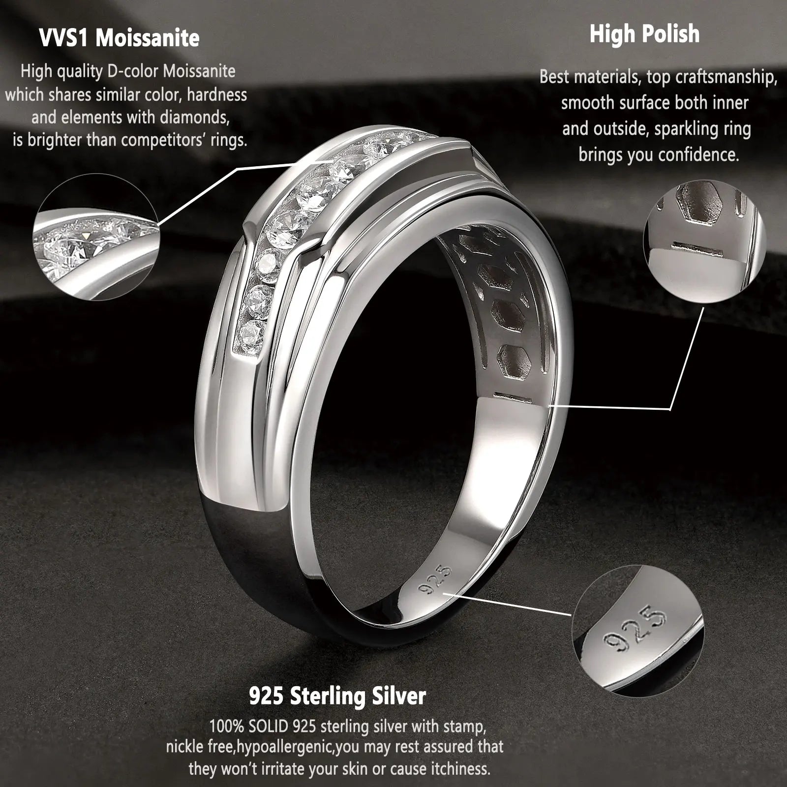 Newshe Full Moissanite Wedding Band for Men 925 Sterling Silver Engagement Rings Pave Round Eternity Promise Ring Size 7-13 - You Offer