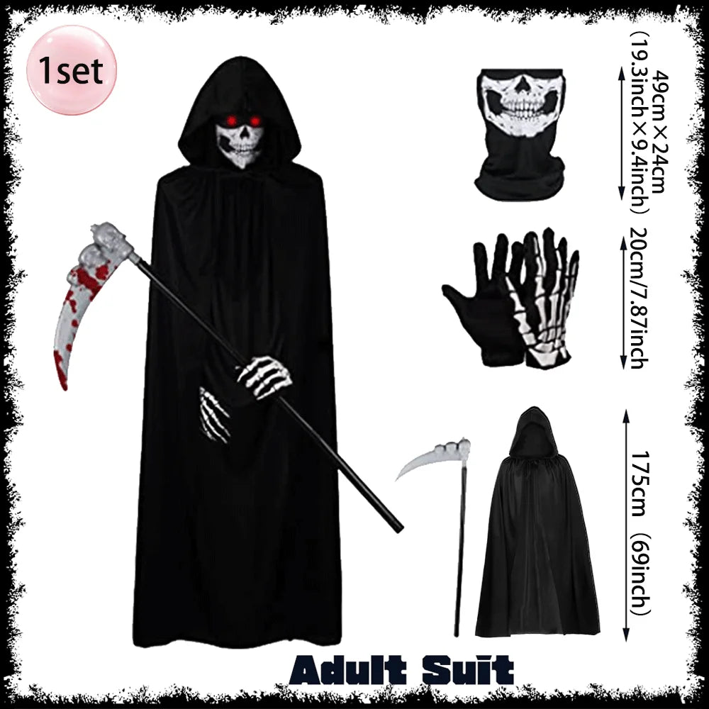 Horror Halloween Grim Reaper Hooded Cloak Skull Scarf Night Glow Gloves Ghost Head Scythe Adult Kids Scary Halloween Decorations