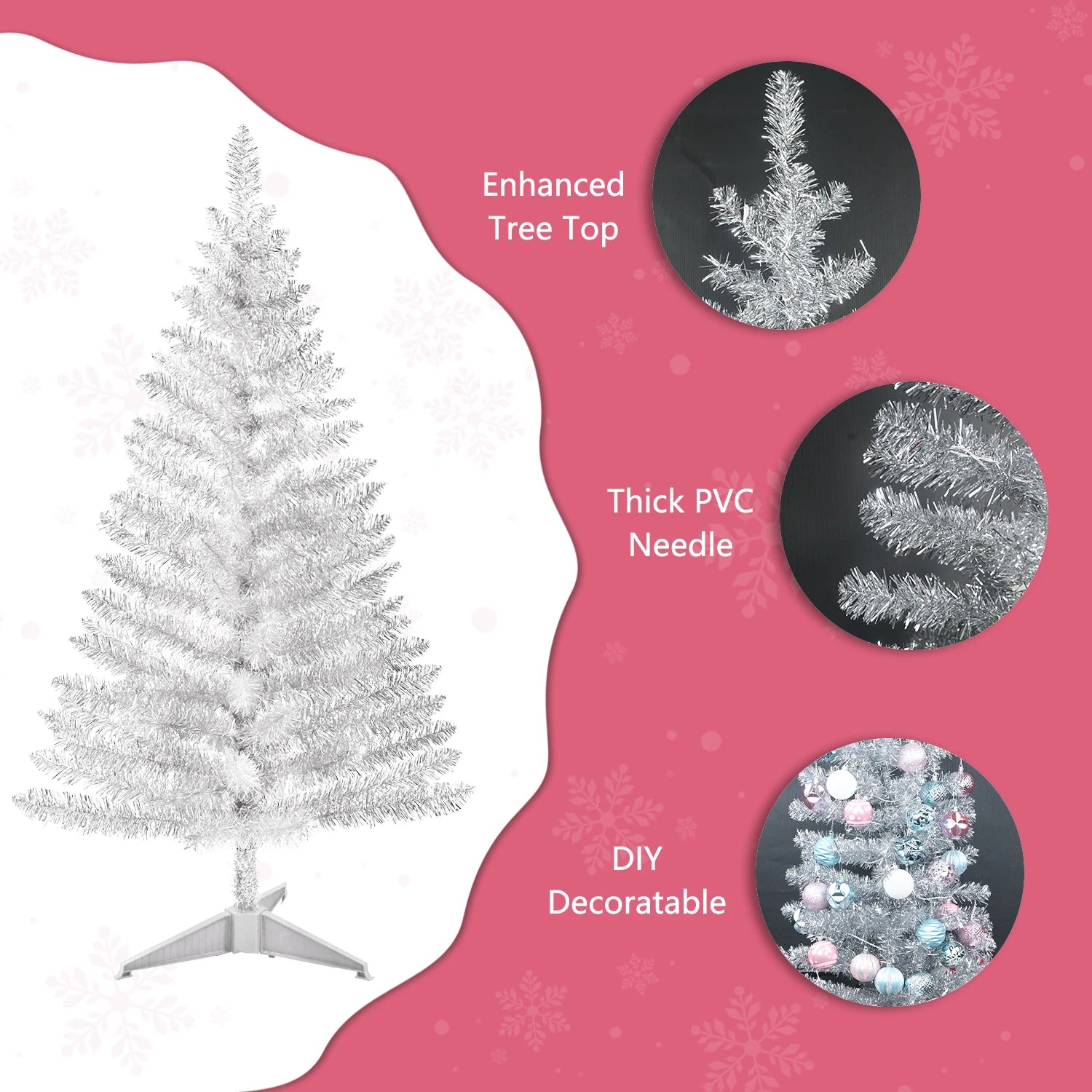 Lixhey 4FT Classic Silver Tinsel Christmas Tree Easy Assemble with Stable Stand, for Holiday Home Setup