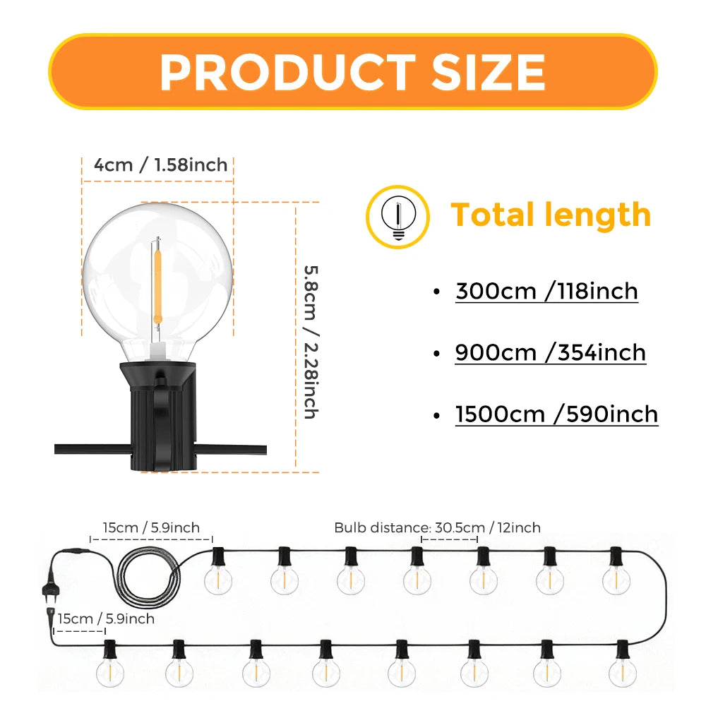 30M/15M/9M LED G40 Globe String Lights Outdoor, Plastic IP65 Waterproof Bulbs For Christmas Party Garden Decorative Garland Lamp