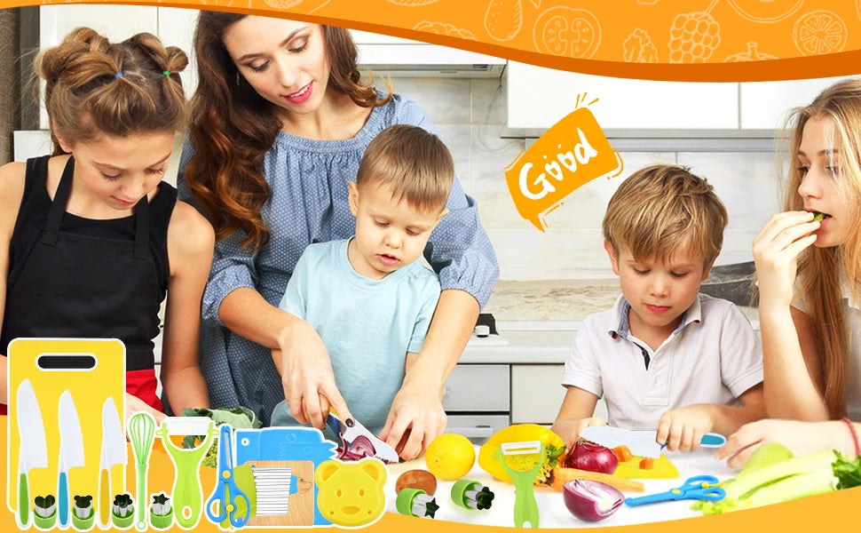 17PCS Kids Cooking Sets Real Cooking Montessori Kitchen Toys for DIY Plastic Kitchen Accessories Tools Toddlers Kids Safe Knives - You Offer