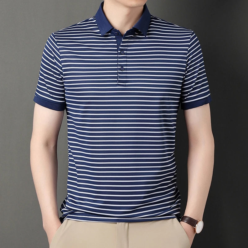 2026 Men's New Striped Cotton Business Casual Short Sleeved POLO Shirt Fashion Short Sleeved Comfortable and Breathable Top