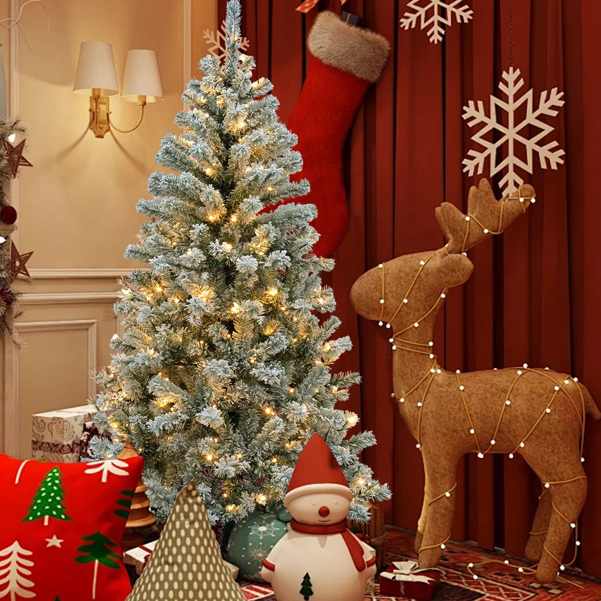 6FT/6.23FT Pre-lit Falling Snow Artificial Christmas Tree, Indoor, Holiday, DIY, Home, Room, Kitchen, Party, Christmas Decor
