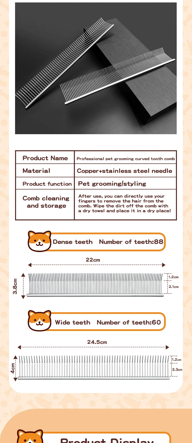 Pet grooming comb with curved hook, deep hair picking and fluffy texture, pet trainer beauty, curved teeth comb