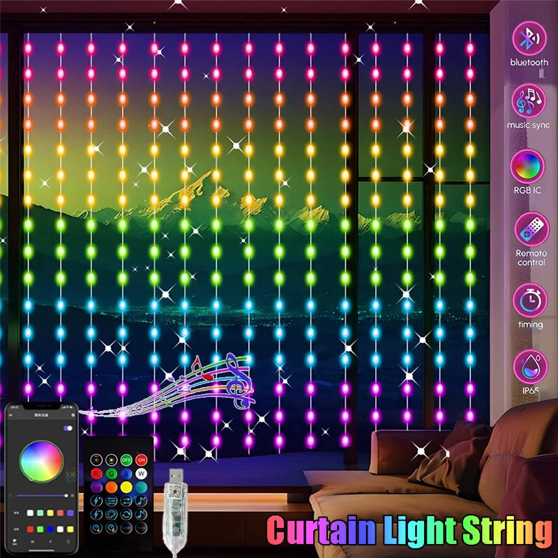 RGBIC Curtain Light String USB Plug Remote Control LED Curtain Light APP Bluetooth Control String Lights for Room Decorations