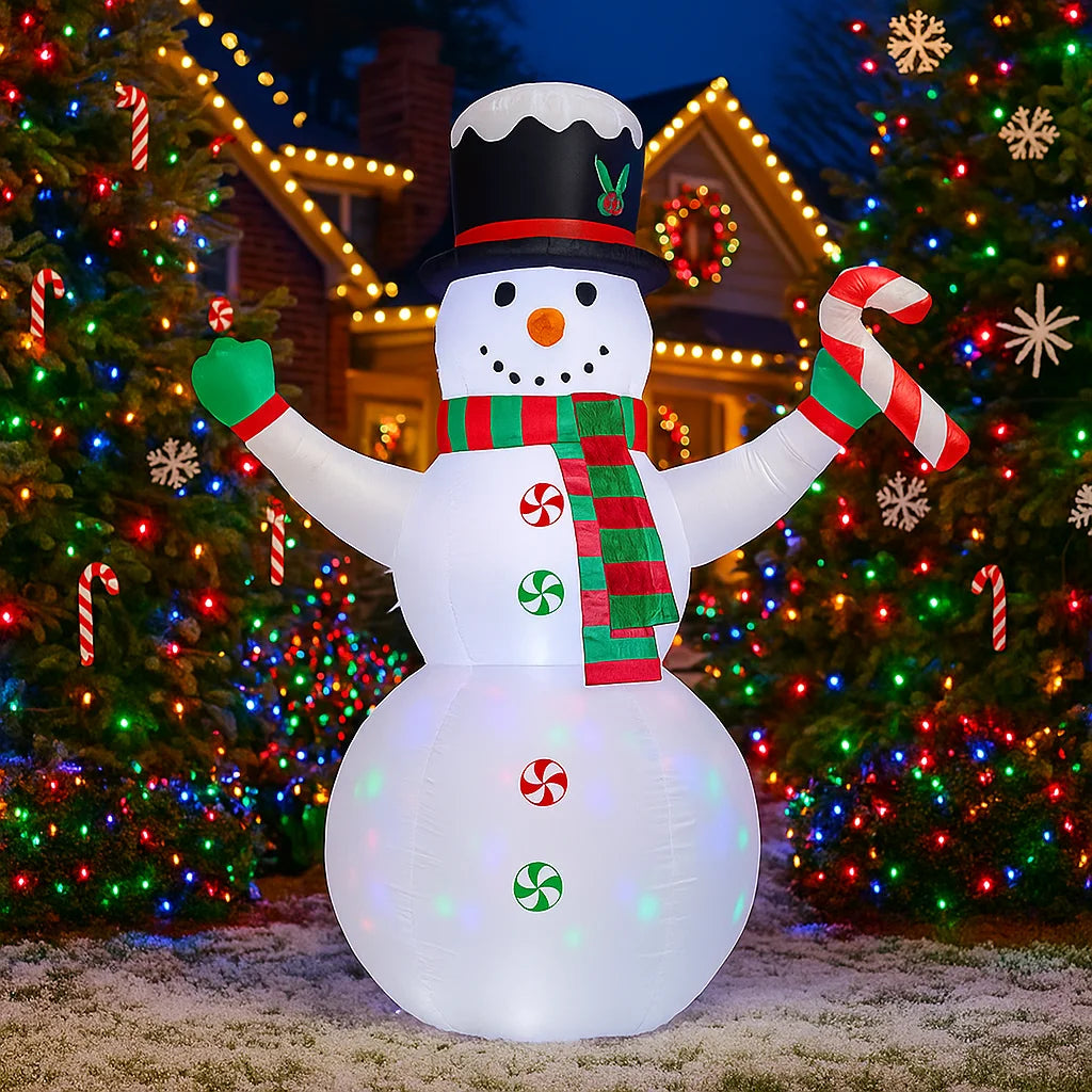 2.4M/7.8FT Inflatable Christmas Snowman with Candy Cane Lights LED Home Holiday Lighting Decoration Yard Xmas Ornaments Supplies