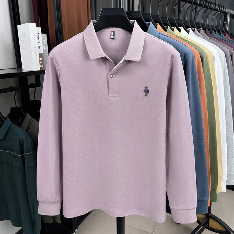 100% pure cotton men's trendy luxury brand autumn long sleeved polo shirt designer teddy bear embroidery business casual T-shirt