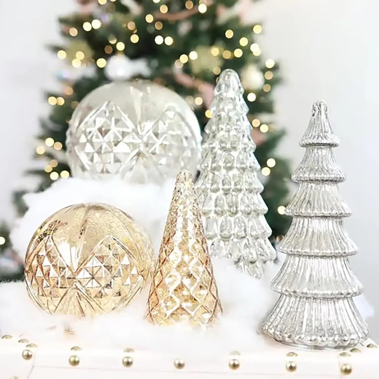 Set of 5 Illuminated Mercury Glass Trees, Upgrade Christmas Trees LED, Gold Tree Figurine for Home Party Mantel Decor Xmas Gift