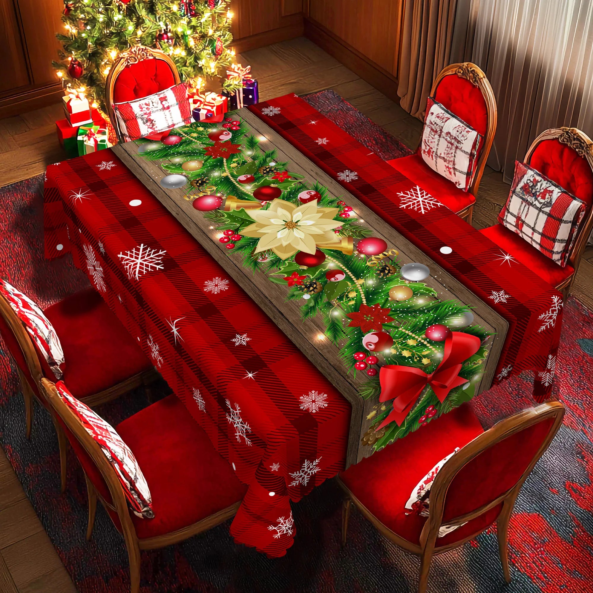 1 Piece Christmas Round and Rectangular Tablecloth, Various Sizes, Holly Berry Bow Snowflake Print Pattern Red Tablecloth for Daily Home Kitchen, Terrace Use, Gifts