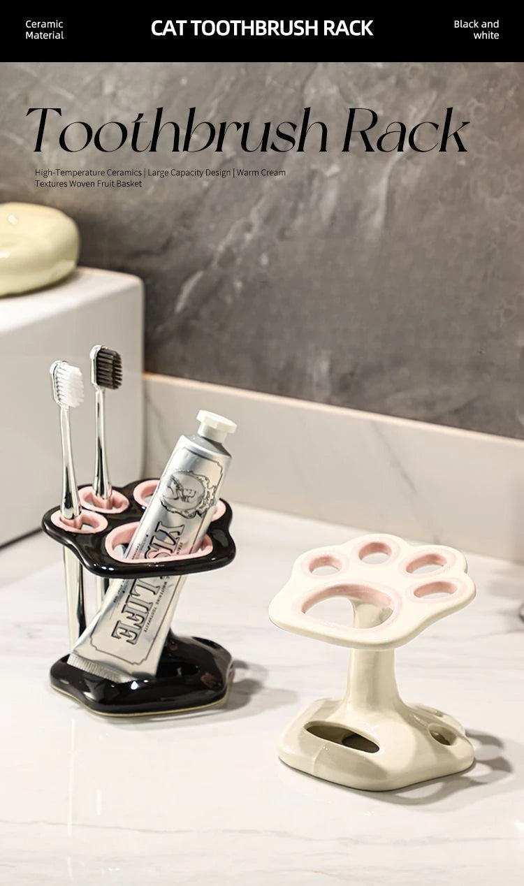 Cat Paw Shape Ceramic Toothbrush Holder Cute No Punching Toothbrush Holder Base Makeup Brush Storage Bathroom Accessories Tool