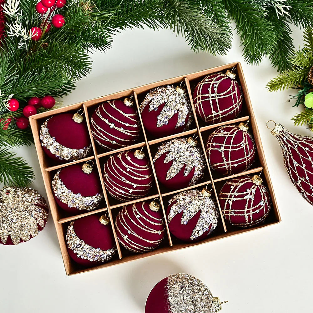 6CM 12PCS Premium Flocking Velvet Diamond Sequin Christmas Ball Window Hanging Home Christmas Decoration