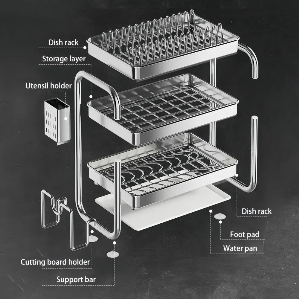 Dish Drying Rack Multifunctional Rustproof Big-capacity Bowl Storage Shelf Stainless Steel Multilayer Spacesaving Draining Shelf