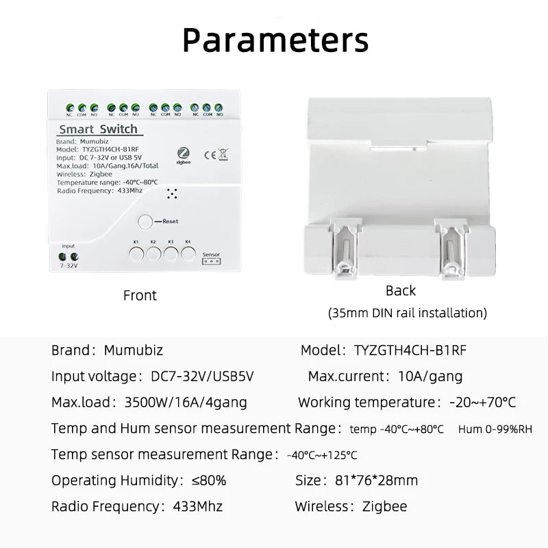 Tuya Smart TH10 Zigbee 4 Channel Switch with Temperature and Humidity Sensor Passive Dry Contact Zigbee Relay Work with Alexa