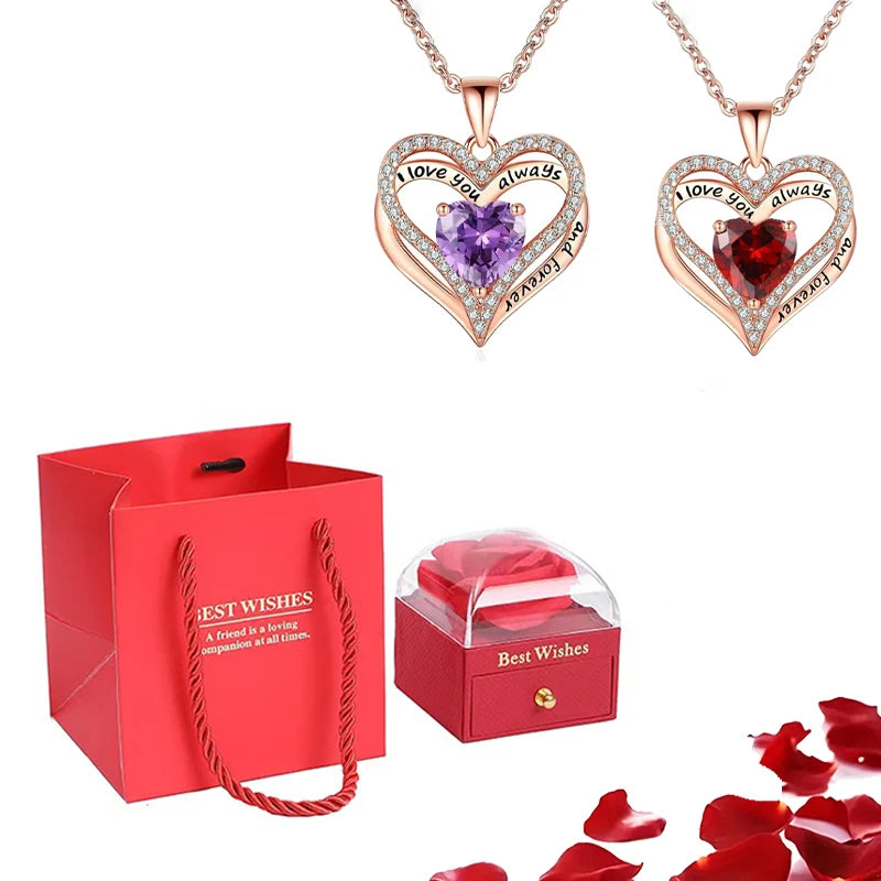 Heart Pendant Necklaces For Women With Rose Flower Gift Box Girlfriend Mother Family Birthday Fashion Romantic Surprise Gifts - You Offer