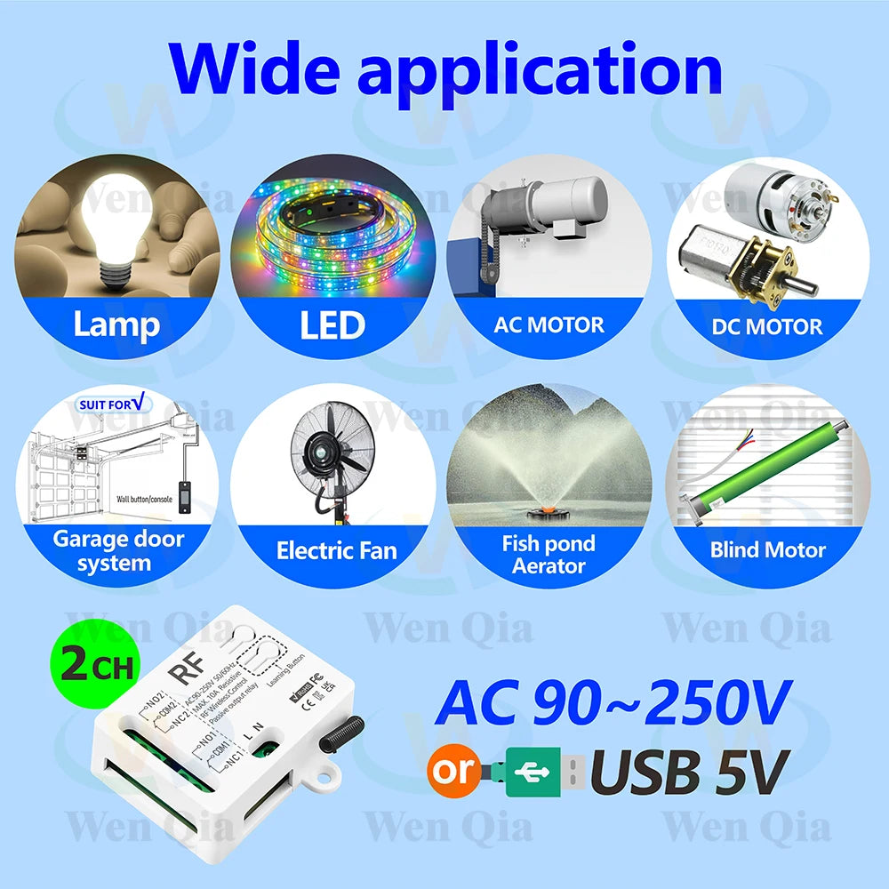 433MHz Universal Wireless Remote Control Switch 2 CH,AC 110V 220V RF Relay Receiver,for Light/Fan/Motor/Garage Door Opener etc