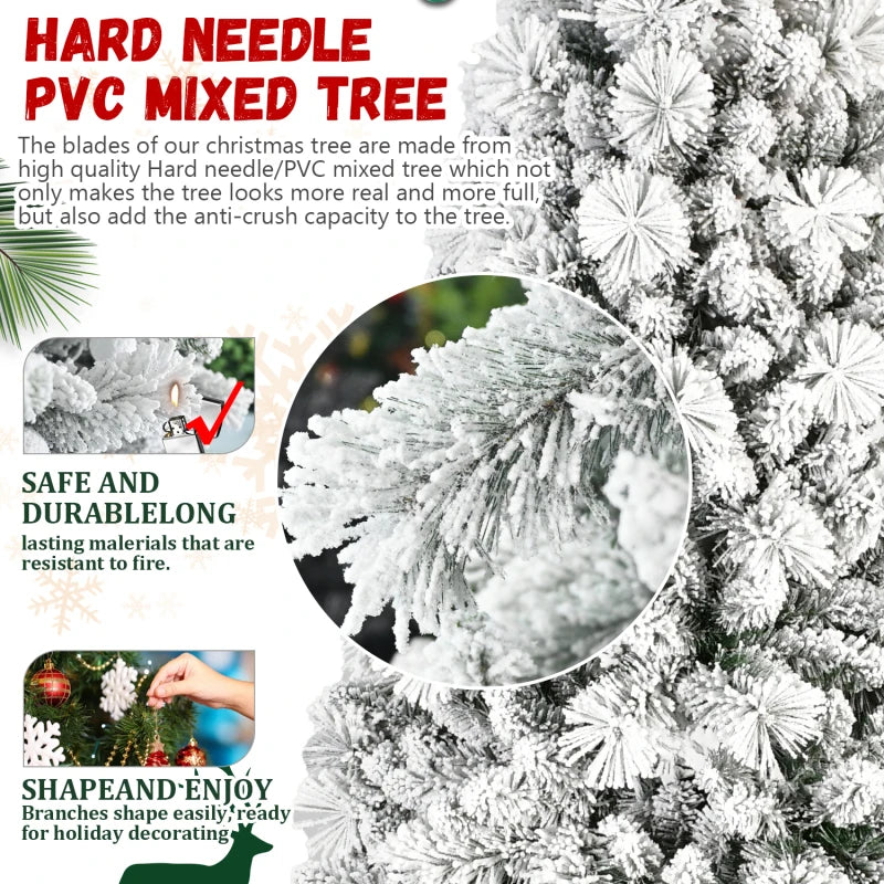 8FT Flocked Christmas Tree with 1445 Tips – Snowy PVC & Hard Needle Branches, Hinged Structure for Easy Setup, Stable Metal Stan