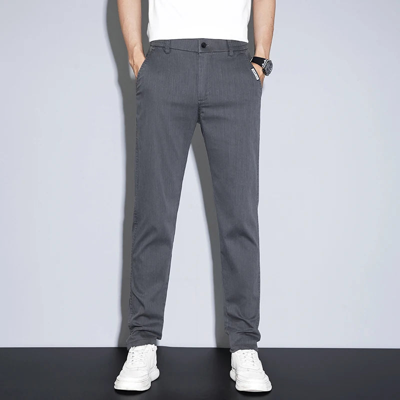Spring Summer Classic Men's Casual Pants Stretch Slim Business Cotton Trousers Fashion Zippered Pocket Thin Men Pants Korean - You Offer