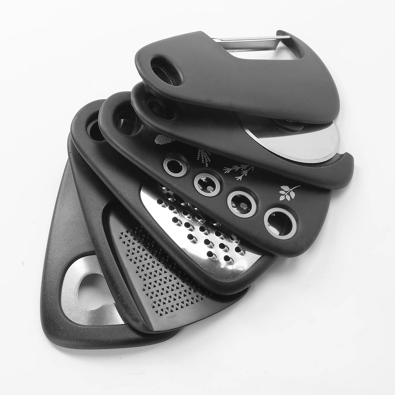6 - in - 1 Stackable Kitchen Gadget Set | Peeler, Cheese Grater, Garlic Grinder, Bottle Opener, Pizza Cutter, Herb Cutter