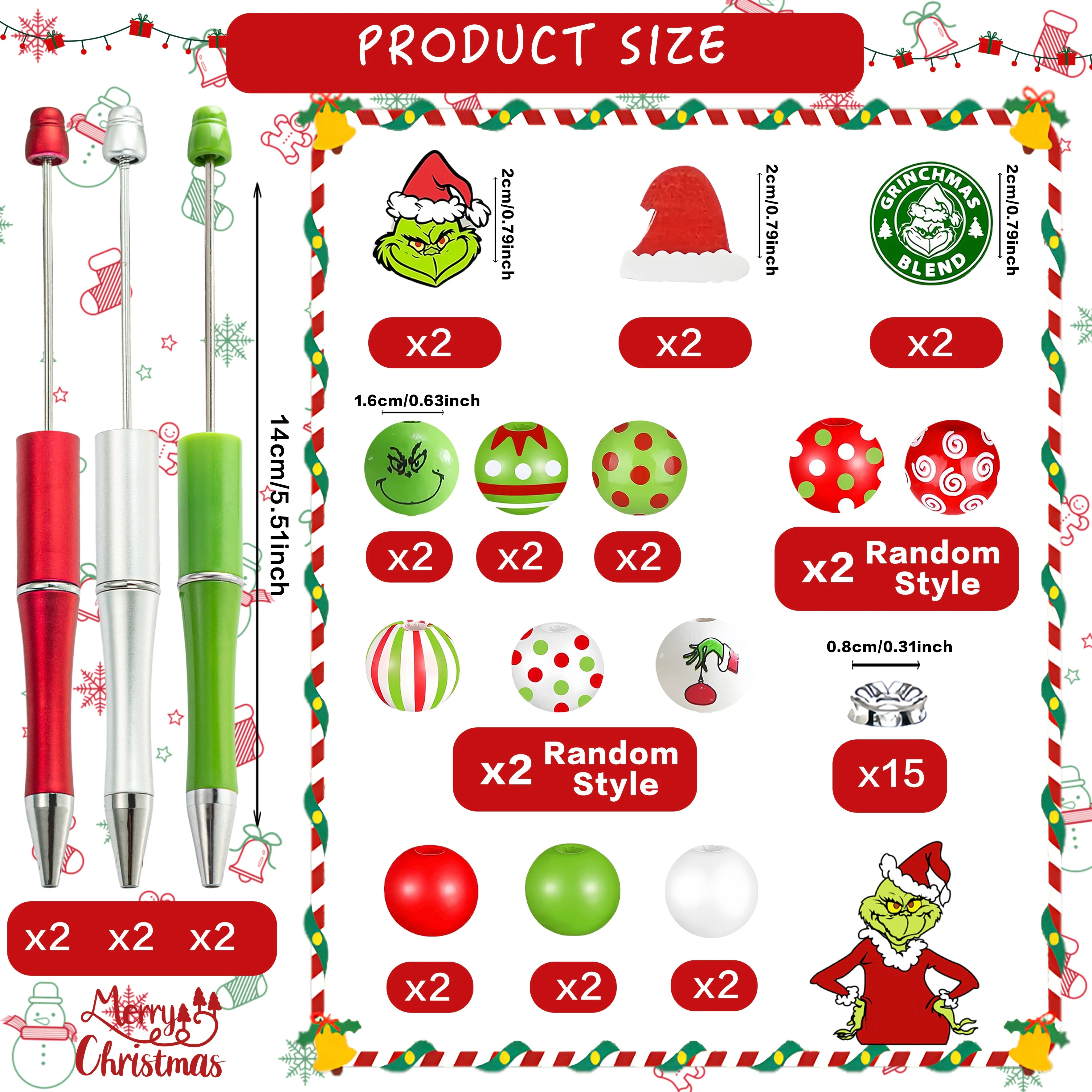 6PCS Christmas Grinch Theme Creative DIY Bead Pen Set, Office and Study Supplies Birthday Gift