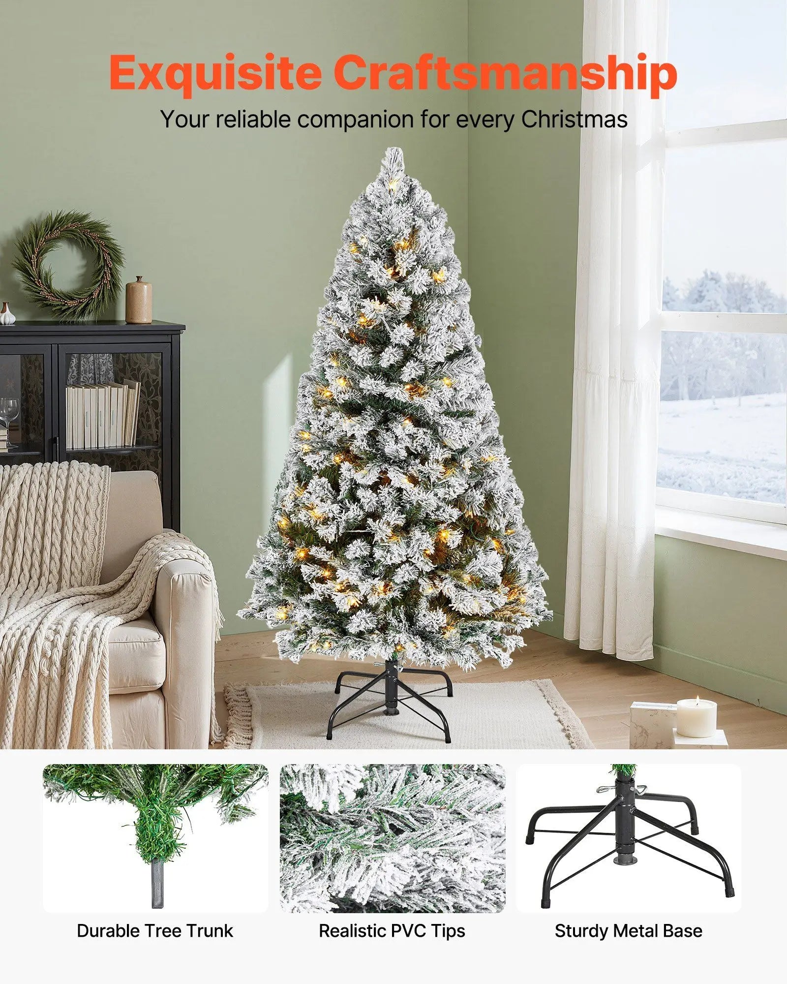 4ft Prelit Flocked Christmas Tree with 120 Warm White LEDs & 8 Modes, Full Artificial Xmas Tree for Home Office Party Decor