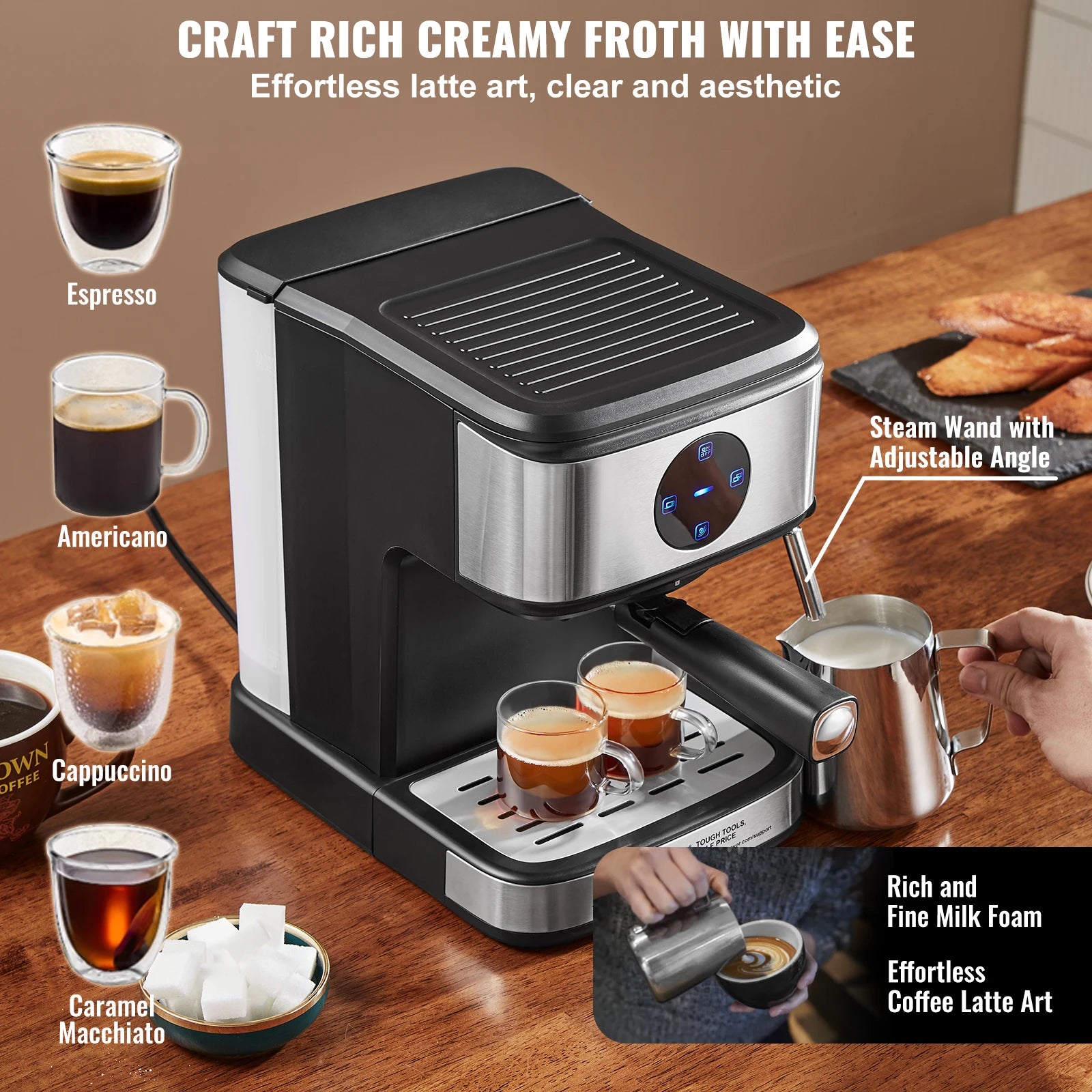 VEVOR Espresso Machine 15 Bar Coffee and Espresso Maker with Milk Frother Steam Wand Professional Semi-Automatic Latte Machine - You Offer