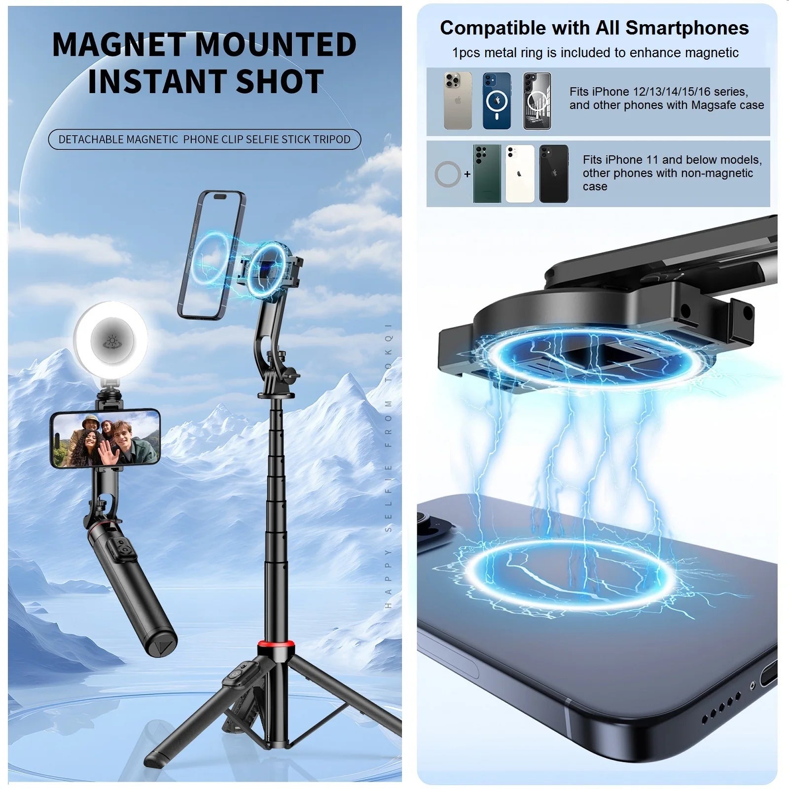 Magnetic Selfie Stick for iPhone Phone Camera 51" Extendable Magsafe Tripod Selfie Stick with Remote for Travel Vlog Videos
