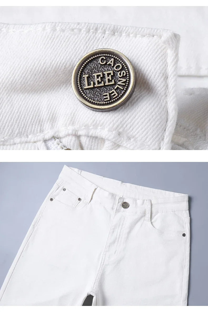 Men's Jeans Pure White Fashion Elastic Slim Youth Slimming Straight Leg Male Pants Business Casual Middle Age High End Trousers - You Offer