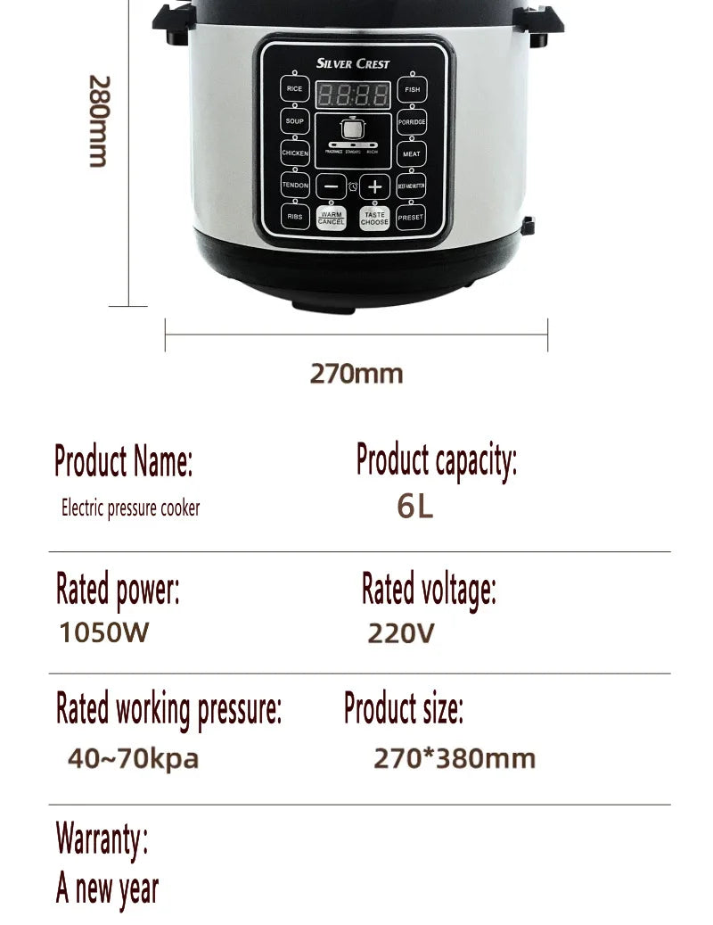 Electric Pressure Cooker 6L Large Capacity Household Multifunctional Electric Rice Cooker Intelligent Booking 3-step Timer Gears - You Offer