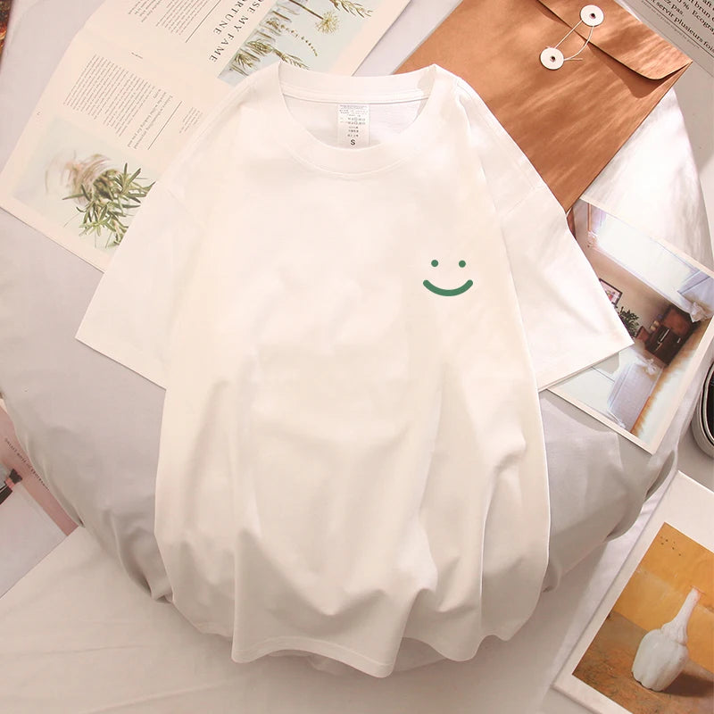 Smiling Face t-shirt For Men Summer White Trendy Brand Loose Printed Pure Cotton Short Sleeved Couple Outfit With Half Sleeves