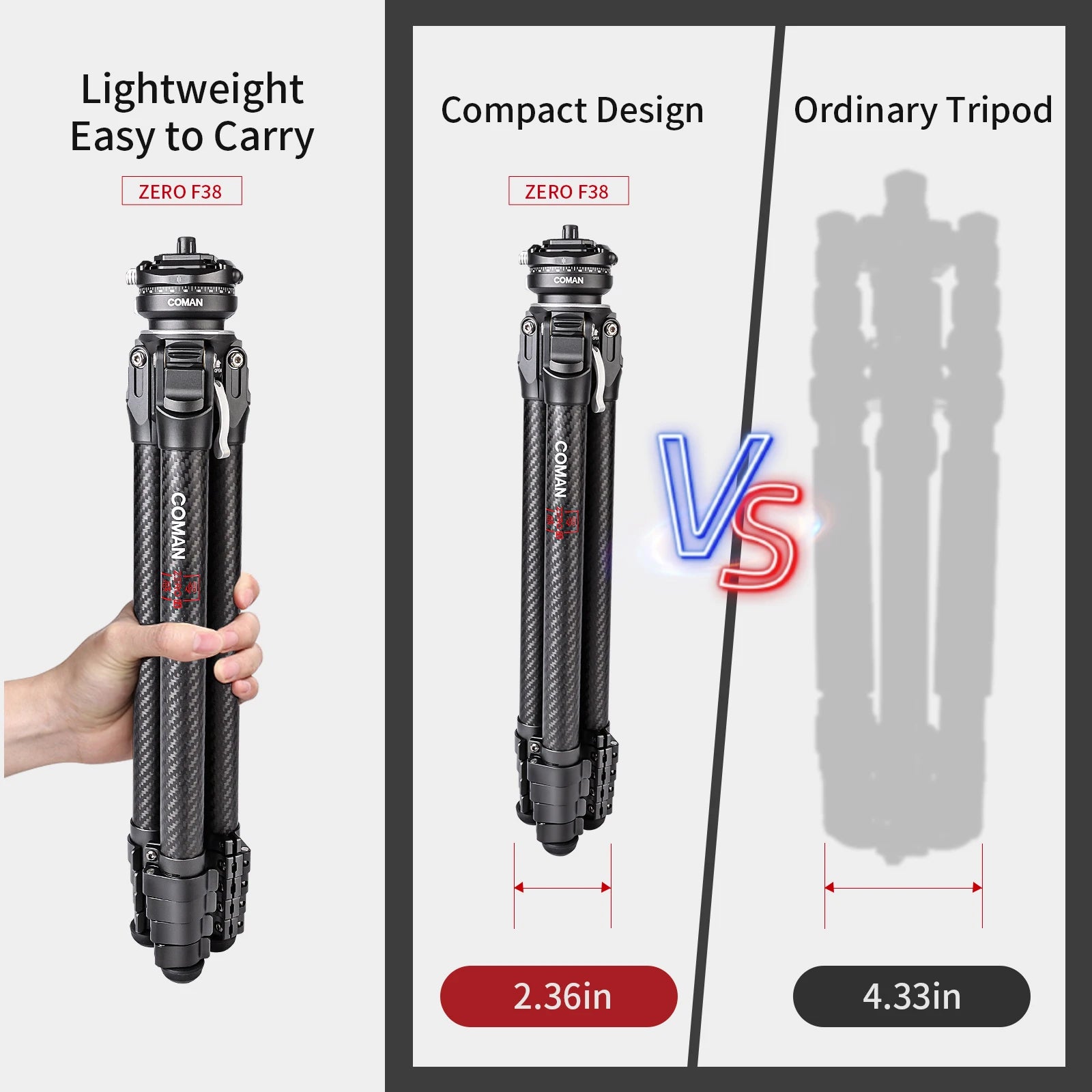 COMAN Zero Series F38 Y V Full Carbon Fiber Tripod Lightweight Travel Stand With Quick Release Plate For DSLR Camera Phone Mount