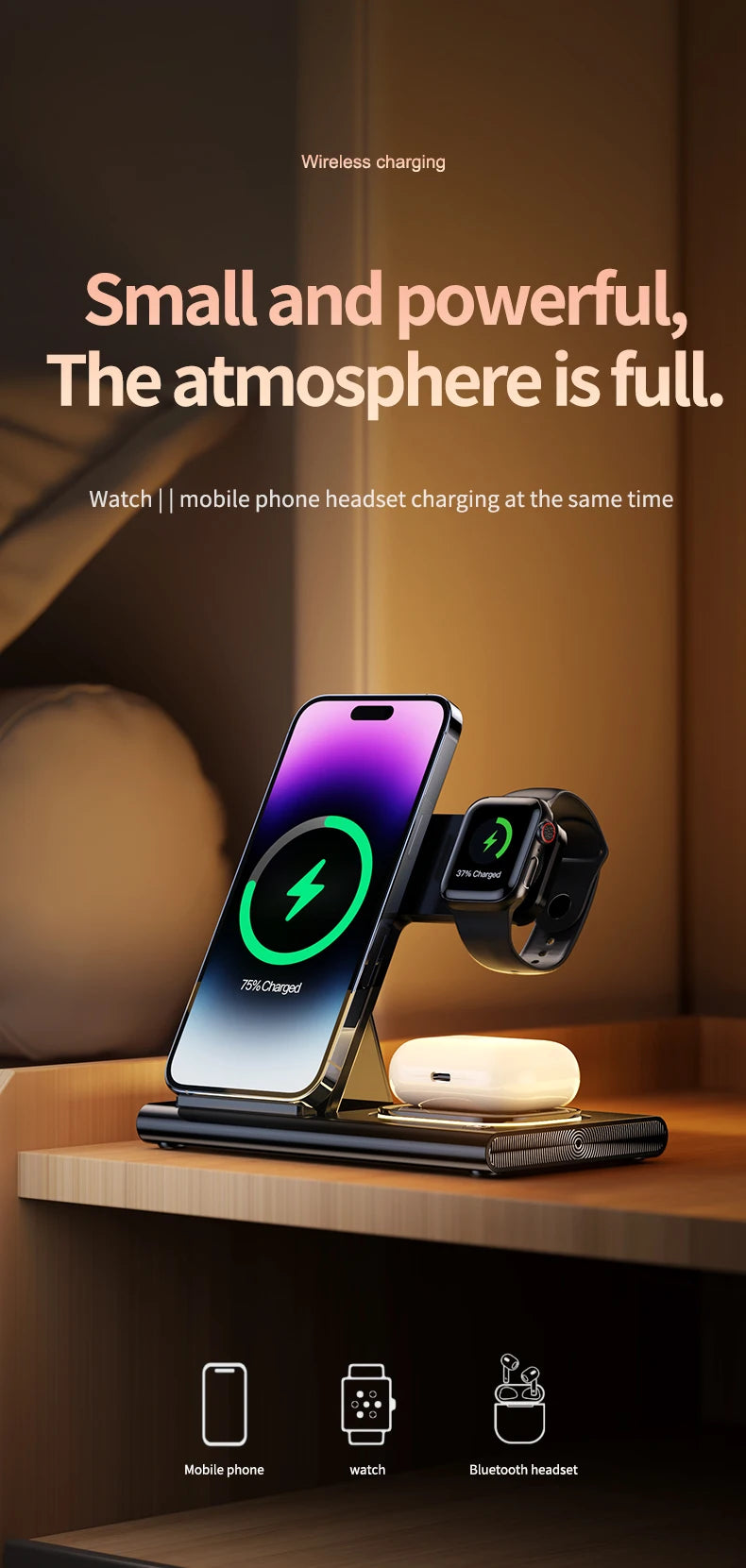 300W Foldable 3 In 1 Wireless Charger Stand Pad Desktop Fast Charging Station For iPhone 16 15 14 13 Samsung Apple Watch Airpods