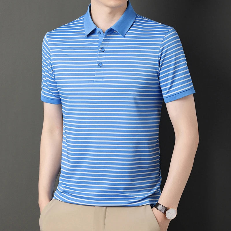 2026 Men's New Striped Cotton Business Casual Short Sleeved POLO Shirt Fashion Short Sleeved Comfortable and Breathable Top