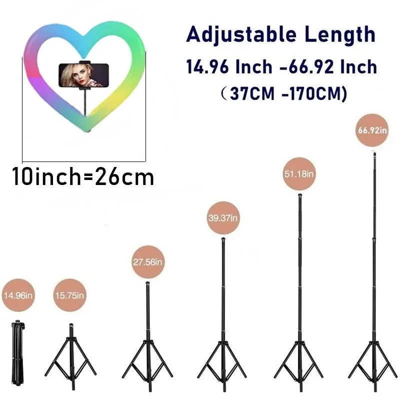 10 Inch RGB Heart LED Selfie Ring Light Dimmable Vedio Ring Lamp Photo Photographic Lighting Tripod For Phone Makeup Live Volg