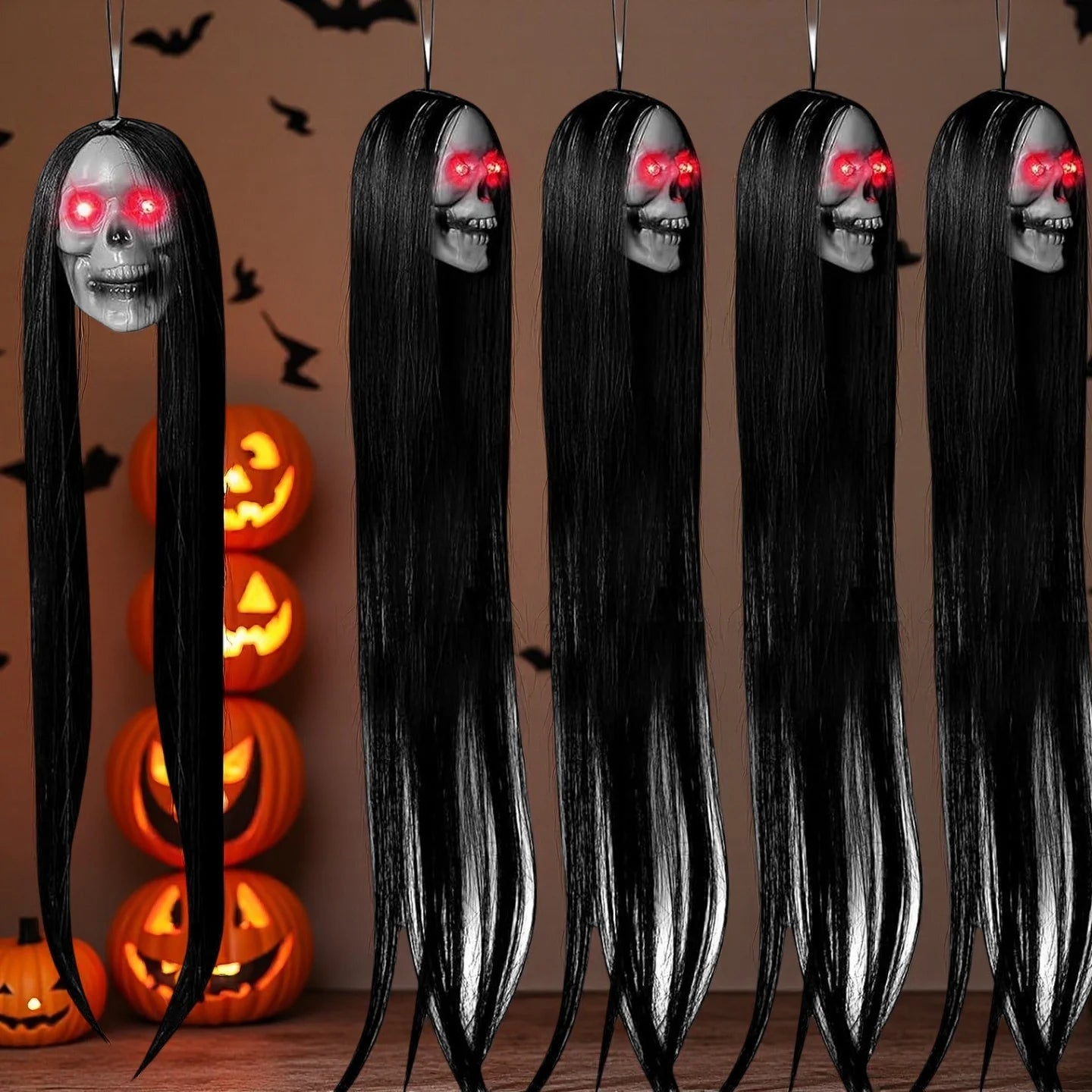 Halloween Hanging Ghost Skull with Long Hair Glowing Eyes Terror Skull Ghost House Head Skeleton Props 2024 Halloween Decoration