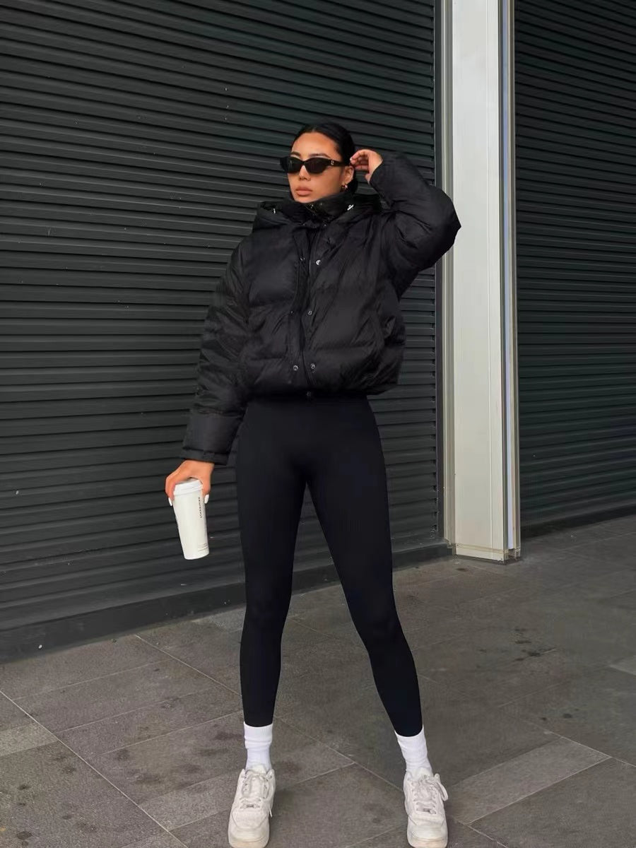 Women's Casual Short Puffer Jacket - Black Solid Hooded Design, Polyester Smooth Fabric, 70g/m² Lining, Long Sleeve with Drawstring | Winter Warmth | Comfortable Fit