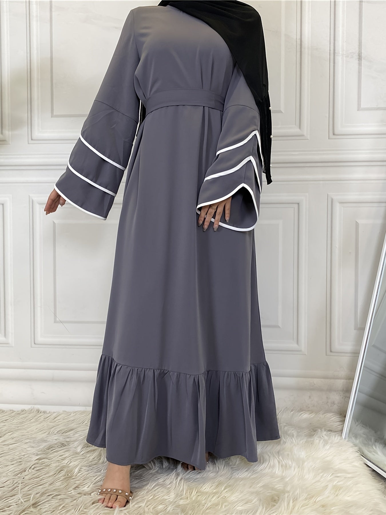 Solid Petal Sleeve Crew Neck Loose Modest Dress, Elegant Tie Waist Ruffled Hem Dress, Women's Clothing