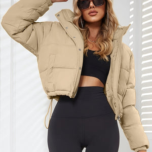 Women's Casual Short Puffer Jacket - Black Solid Hooded Design, Polyester Smooth Fabric, 70g/m² Lining, Long Sleeve with Drawstring | Winter Warmth | Comfortable Fit