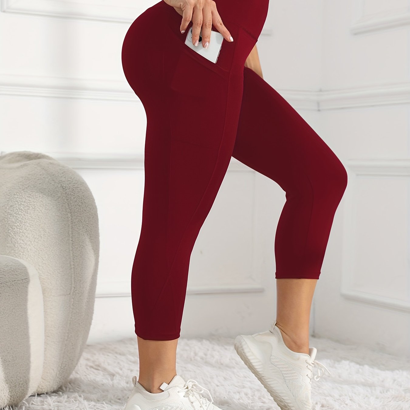 Women's High-Waisted 7/8 Length Leg Workout Leggings - Full-Length Leg Muscle-Building Gym Pants with Pockets, Solid Green Yoga Pants for Cycling, Pilates, Training | All-Season Fitness Pants with 7/8th Leg Coverage, Smooth T