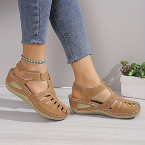 Women's Wedge Heeled Sandals, Platform Solid Color Ankle Strap Round Toe Sandals, Women's Summer Shoes