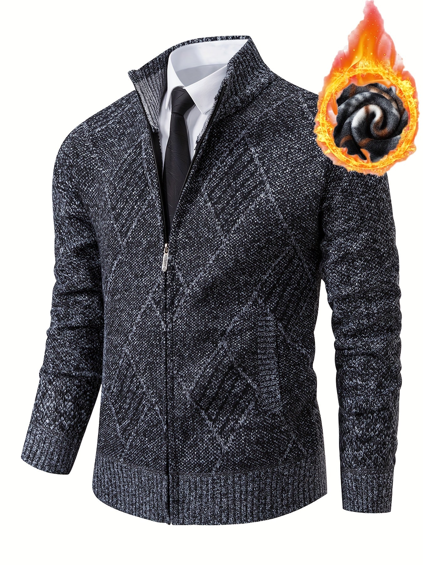 Loldeal Men'S Stand Collar Diamond Plaid Cardigan - Thick Warm Knit Open Front Sweater with Pockets, Solid Color Casual Fall/Winter Layering Essential, Cozy Clothing, Stylish Cardigan, Durable Construction, Warm Knitwear