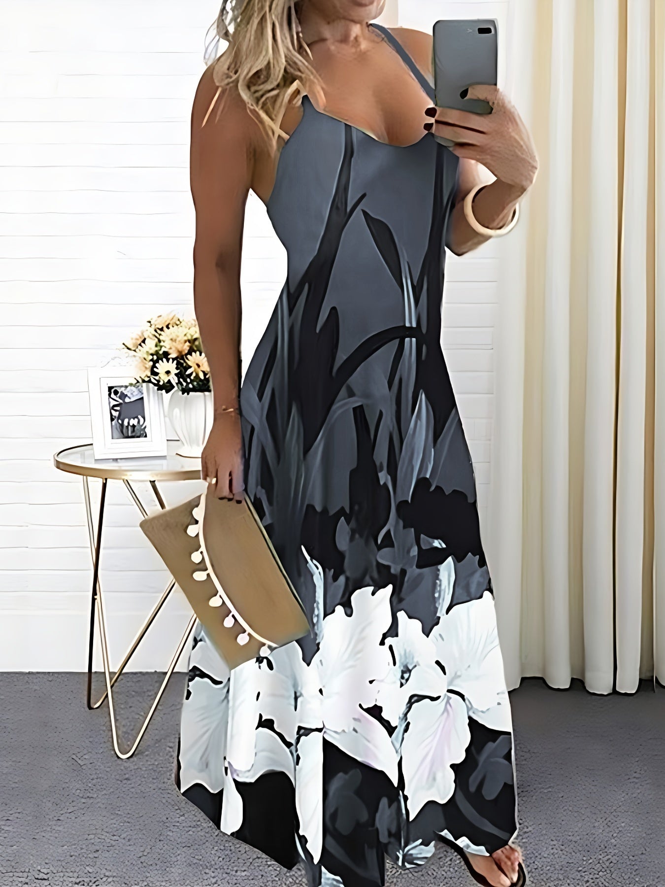 Floral Print Cami Dress, Crew Neck Mini Strap Dress, Casual Every Day Dress, Women's Clothing