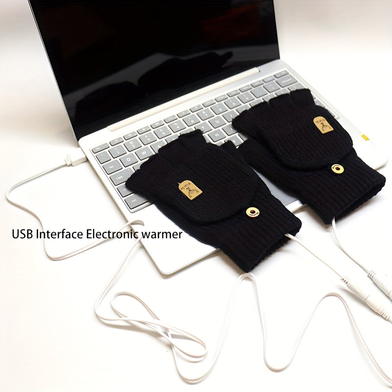 USB Interface Electronic Warmer, Male And Female Universal USB Heating Gloves Knitted Semi Heated Fingerless+Flip Heating Heater with Button Washable Design Gloves for Winter Hand Warmth Laptop Gloves, Without Battery