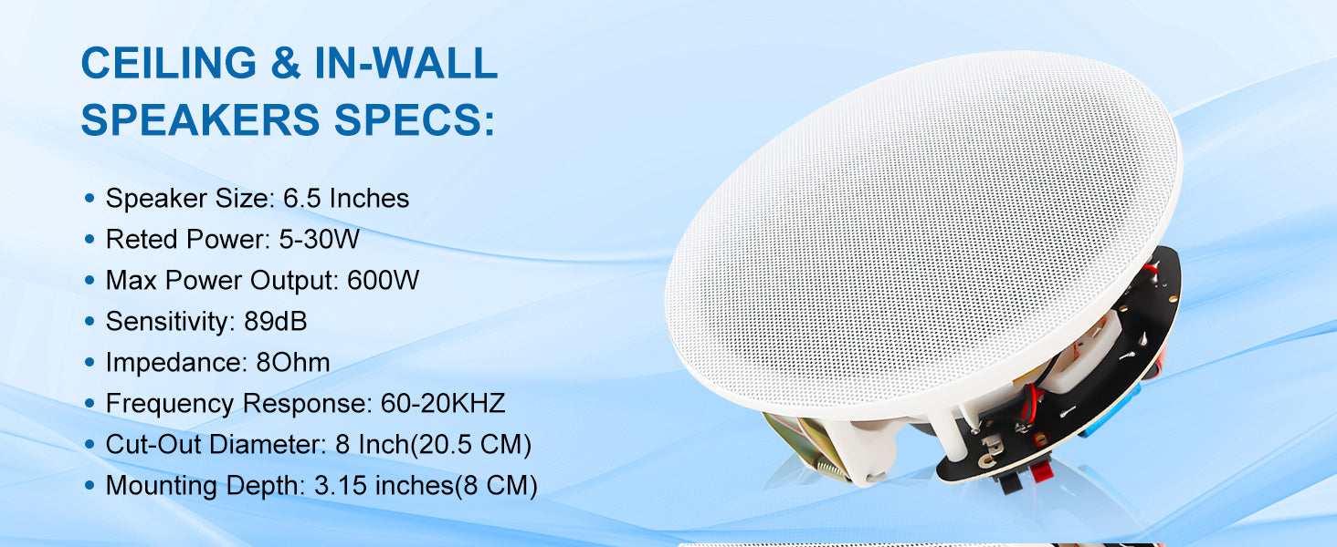 Herdio 6.5'' 4PCS Bluetooth In Ceiling Speakers 600W 2-Way Flush Mount Speakers System With Wall Amplifier Receiver For Bathroom