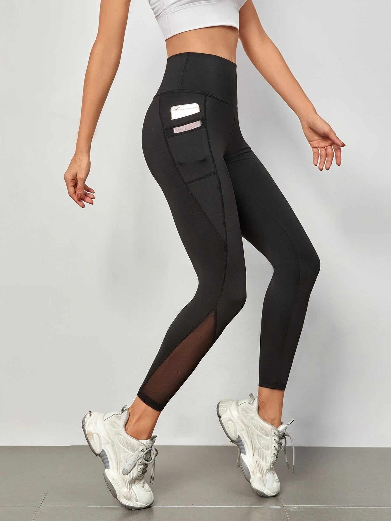 High Waist Mesh Stitching Women's Yoga Leggings With Side Pockets For Fitness & Gym Sports Activewear