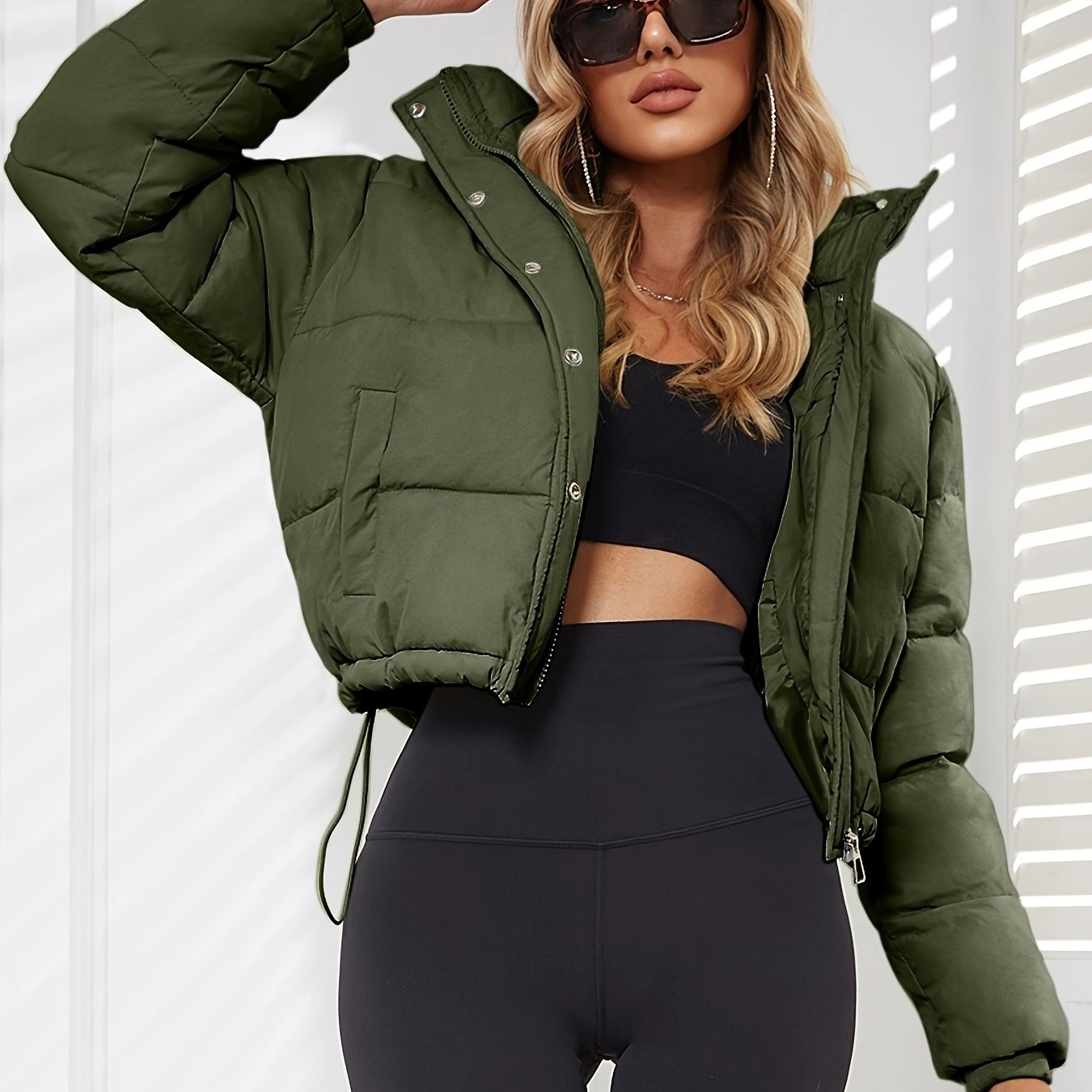 Women's Casual Short Puffer Jacket - Black Solid Hooded Design, Polyester Smooth Fabric, 70g/m² Lining, Long Sleeve with Drawstring | Winter Warmth | Comfortable Fit