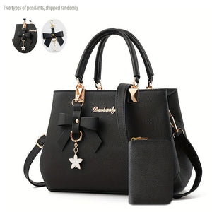 Chic Bow Decor Handbag for Women - Versatile Top Handle Satchel with Coin Purse, Adjustable Strap, And Zip Closure - Available in Khaki, Dark Pink, Light, - Synthetic Material with Acrylic Lining, Cute Handbag