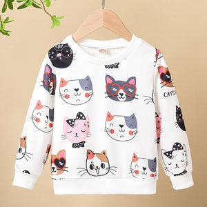 HWMFSNHFZ Girls' Lightweight Long Sleeve Cartoon Cat Print Sweatshirt - Soft Pink Crew Neck Casual Pullover for Spring & Fall, All-Season Comfort, Cute Sweaters